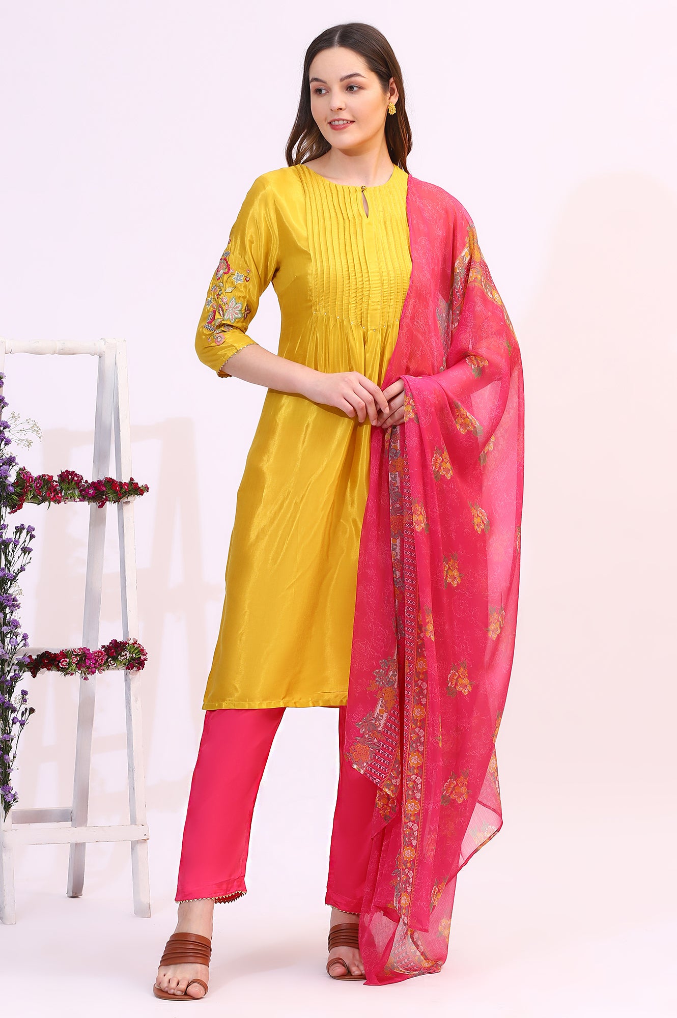 Yellow Embroidered Shantung Kurta, Pants and Dupatta Set