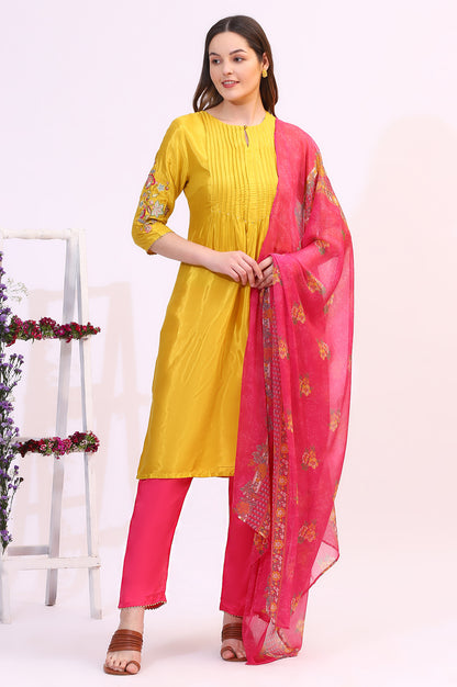 Yellow Embroidered Shantung Kurta, Pants and Dupatta Set