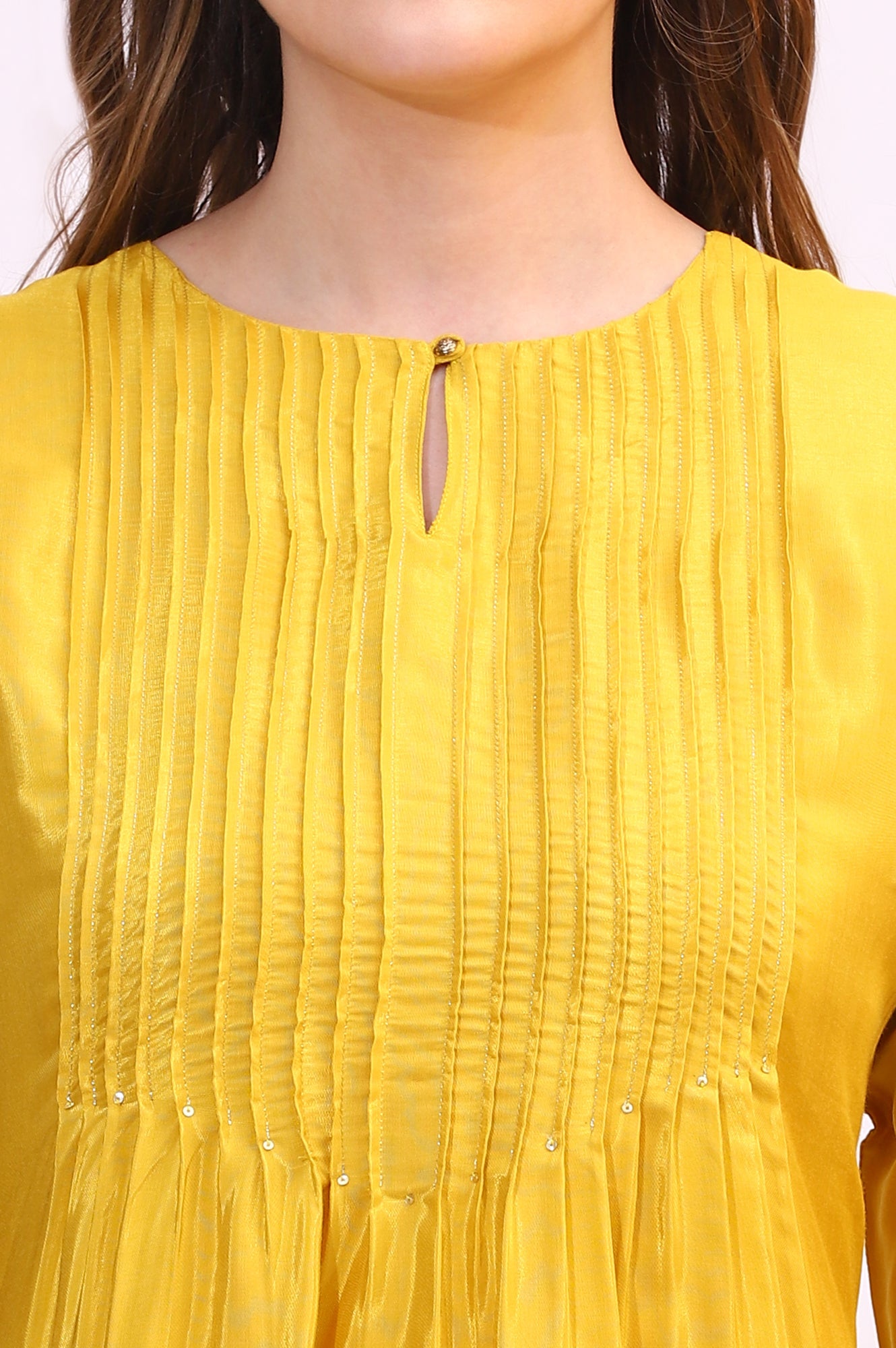 Yellow Embroidered Shantung Kurta, Pants and Dupatta Set