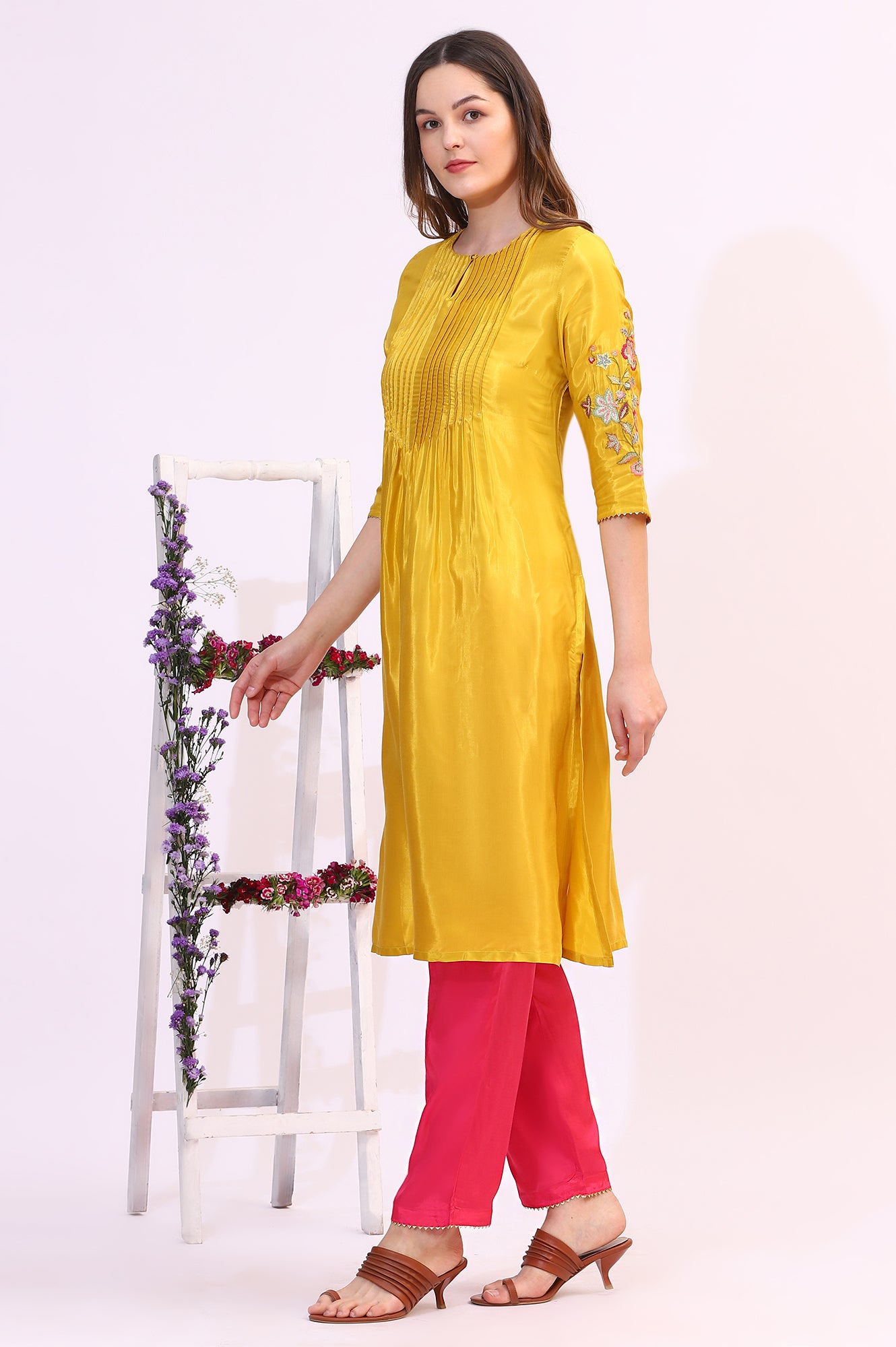 Yellow Embroidered Shantung Kurta, Pants and Dupatta Set