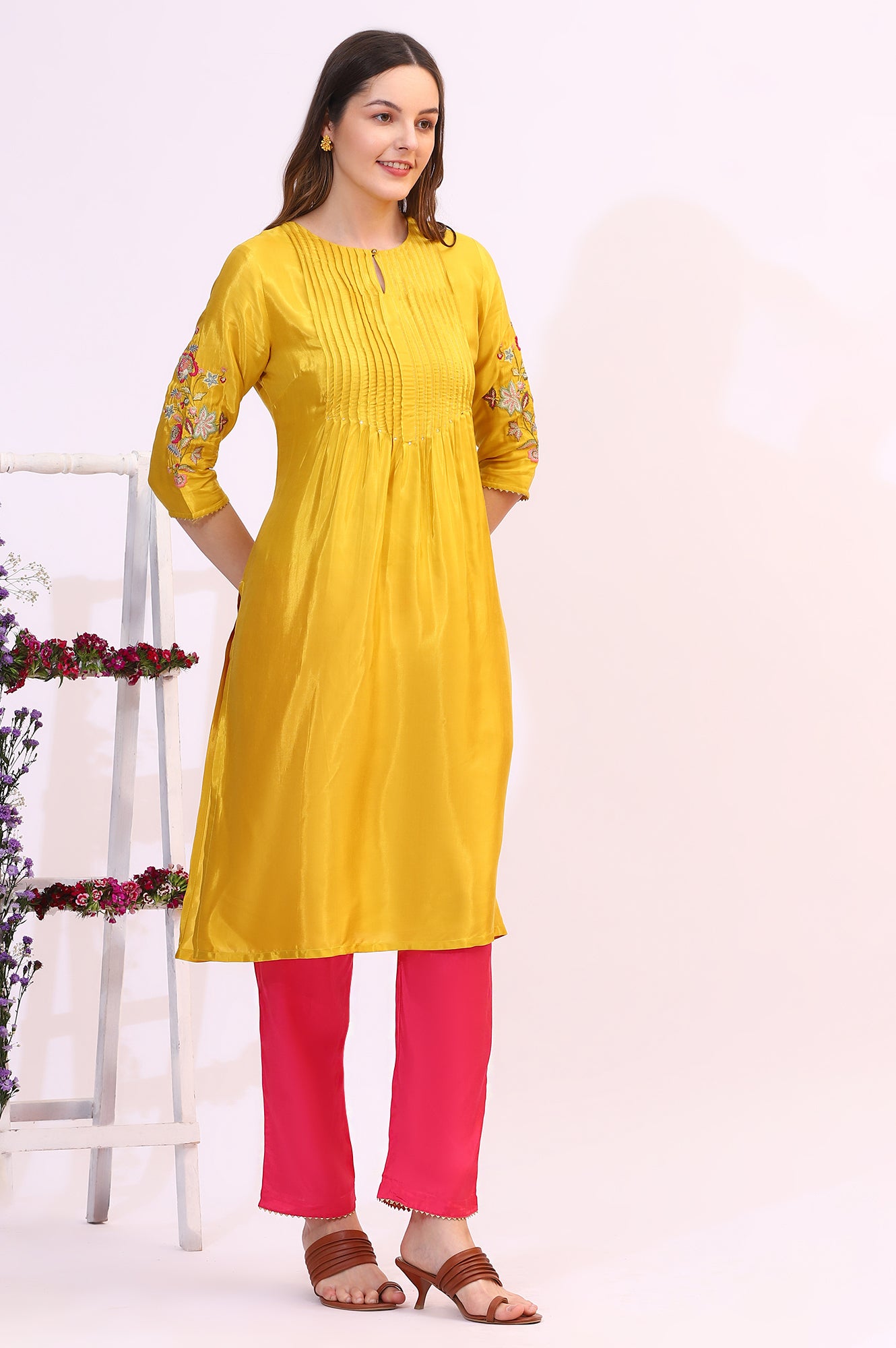 Yellow Embroidered Shantung Kurta, Pants and Dupatta Set