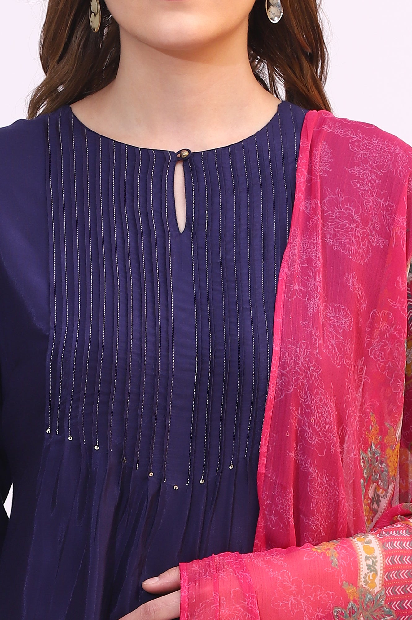 Navy Blue Embroidered Shantung Kurta, Pants and Dupatta Set