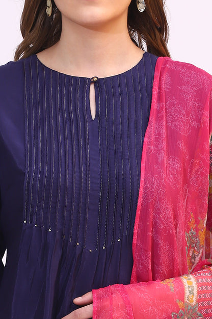 Navy Blue Embroidered Shantung Kurta, Pants and Dupatta Set