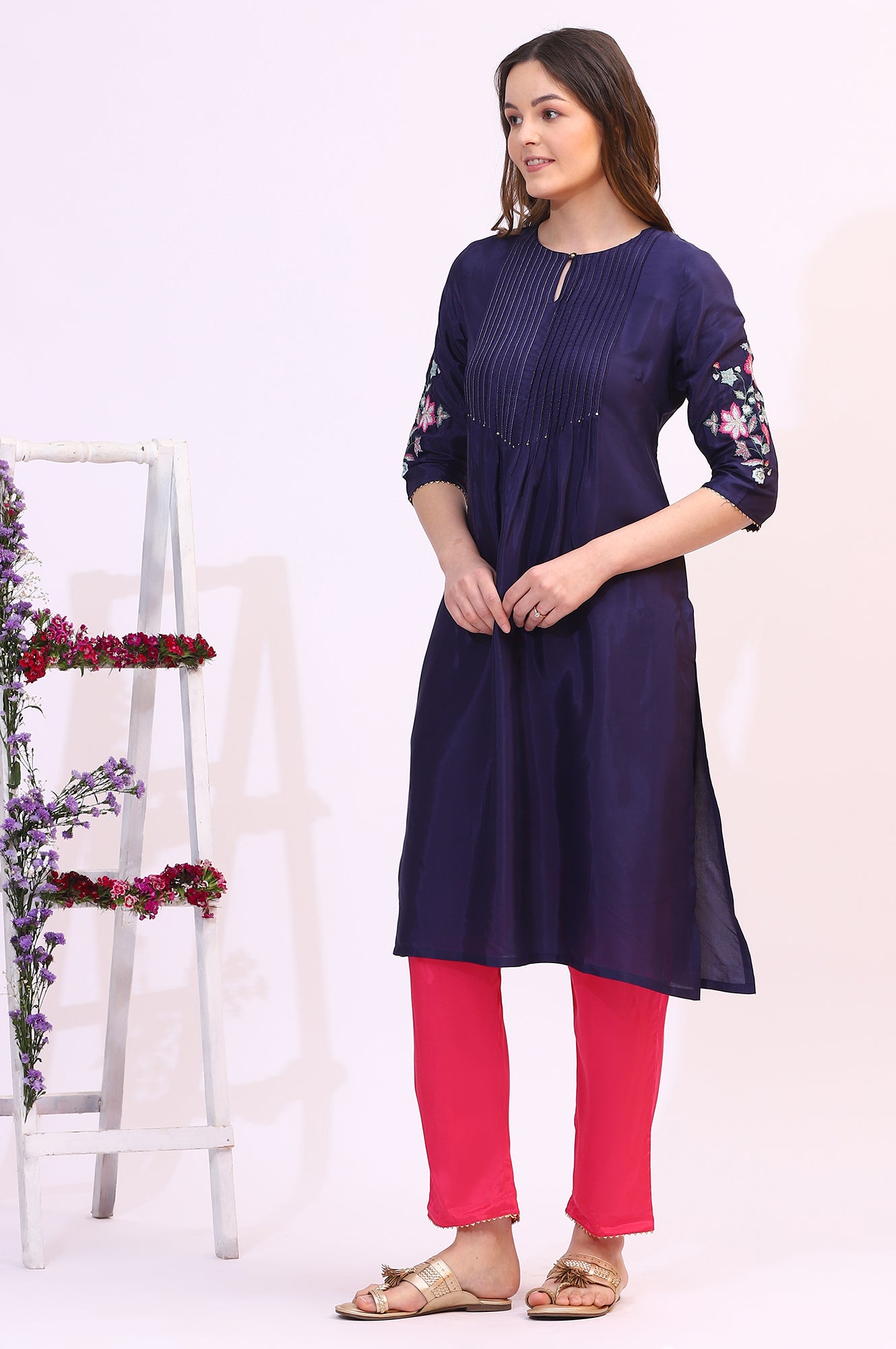 Navy Blue Embroidered Shantung Kurta, Pants and Dupatta Set
