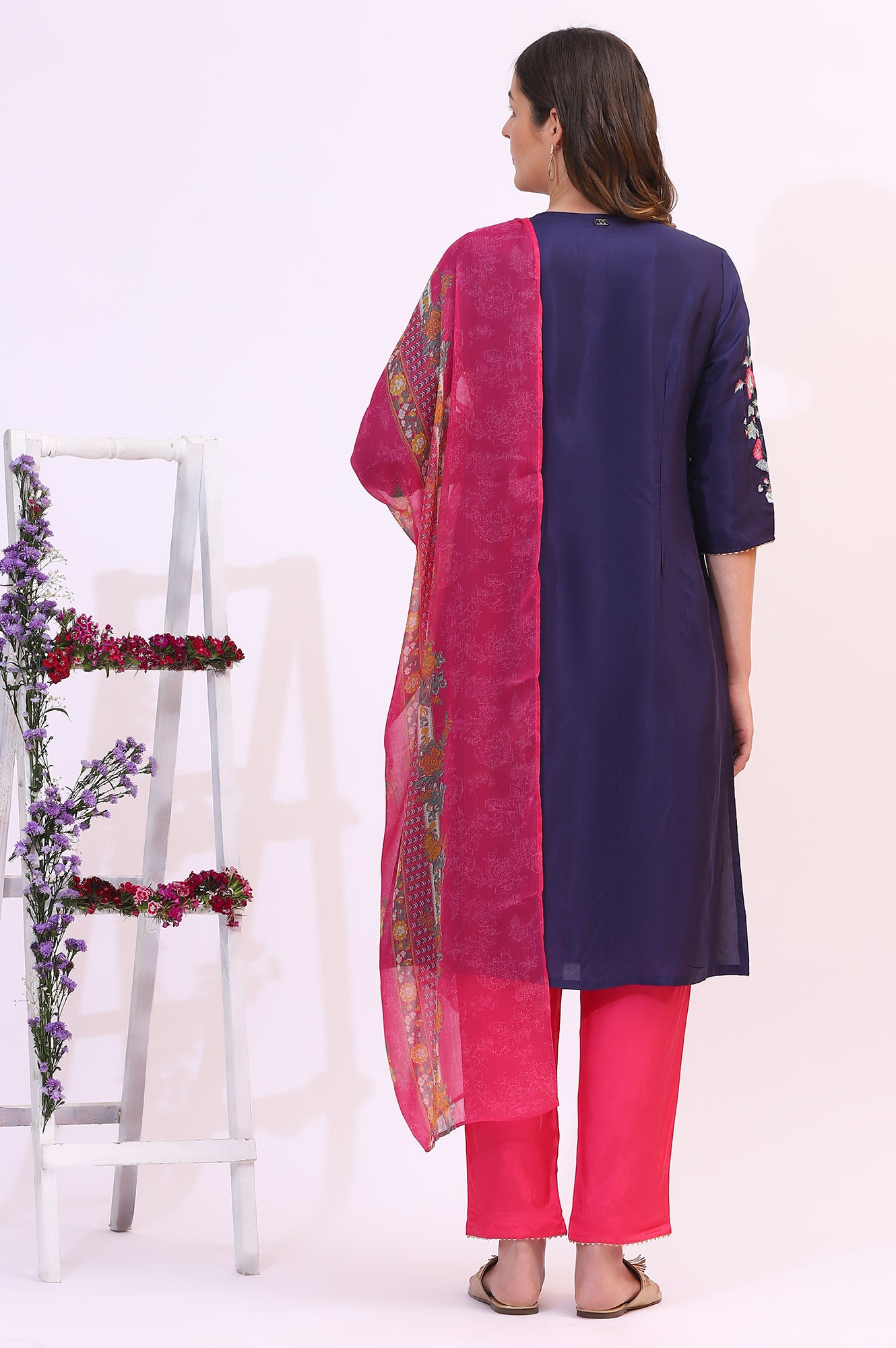 Navy Blue Embroidered Shantung Kurta, Pants and Dupatta Set