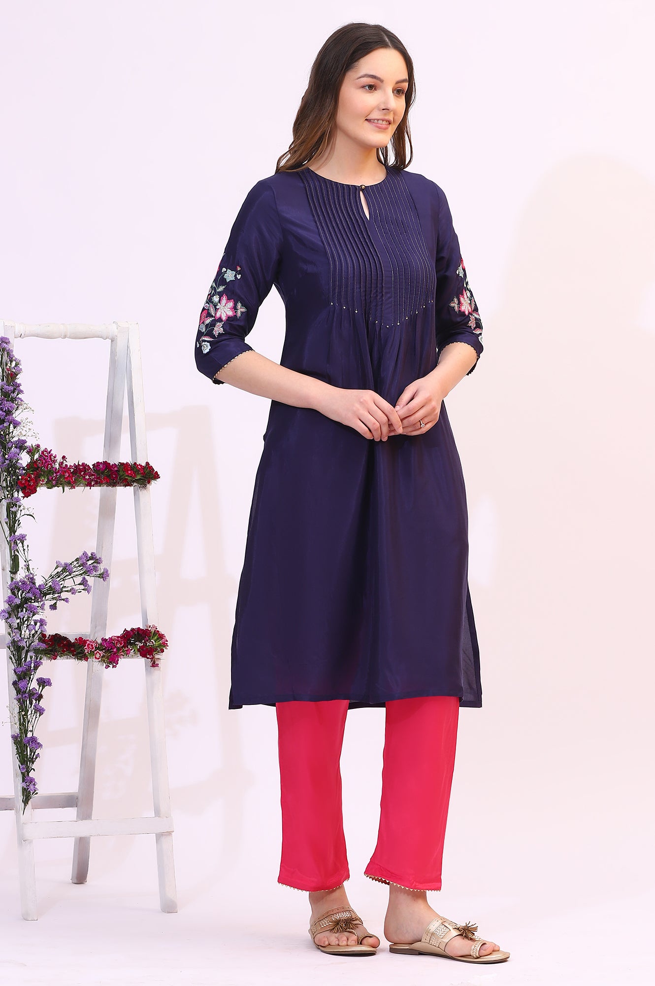 Navy Blue Embroidered Shantung Kurta, Pants and Dupatta Set