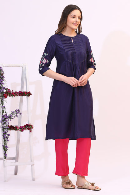 Navy Blue Embroidered Shantung Kurta, Pants and Dupatta Set