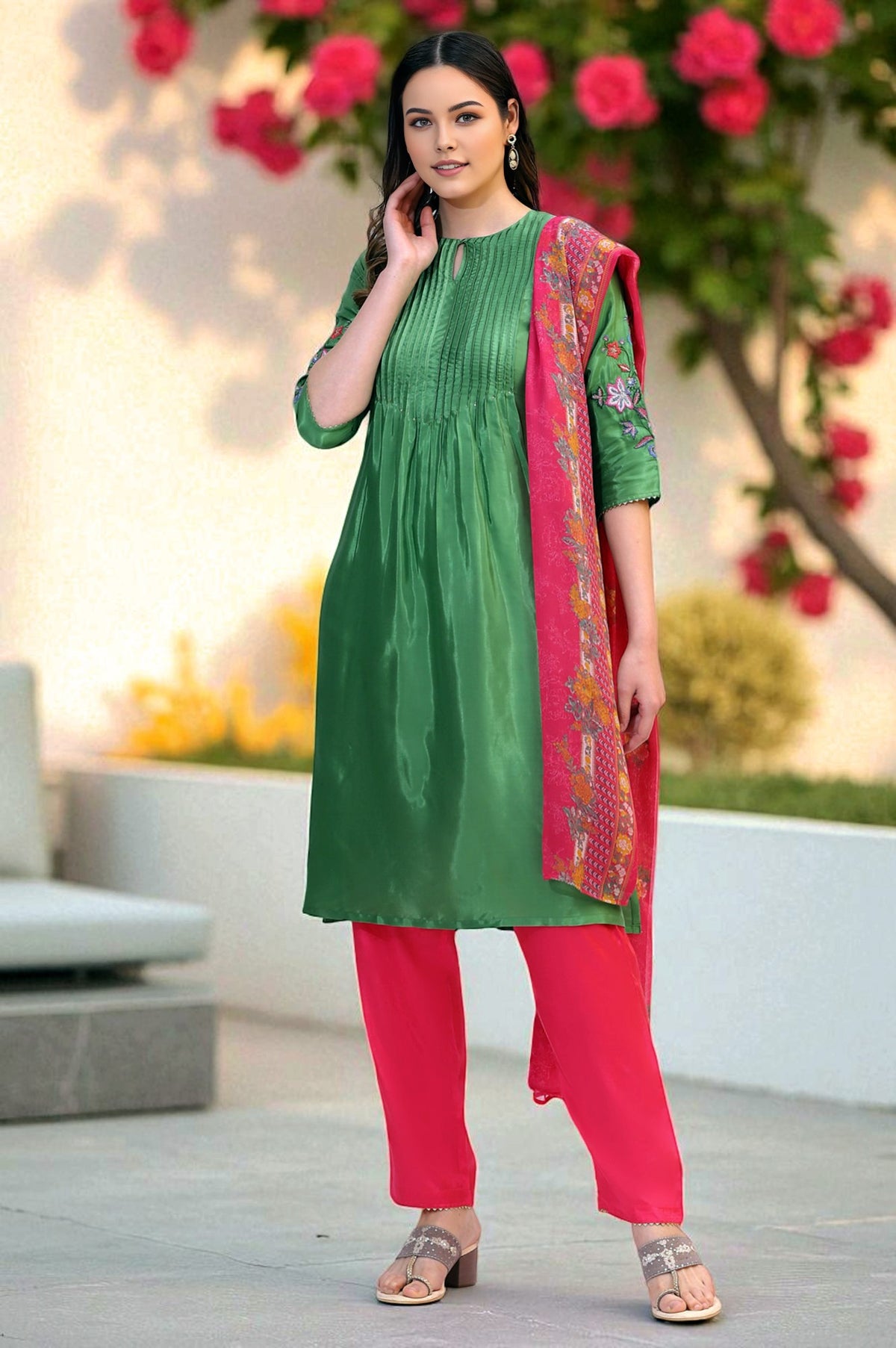 Forest Green Embroidered Shantung Kurta, Pants and Dupatta Set - XS