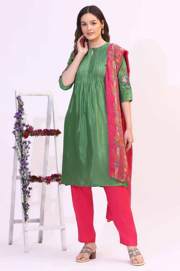 Forest Green Embroidered Shantung Kurta, Pants and Dupatta Set