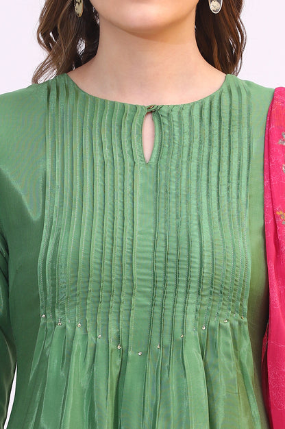 Forest Green Embroidered Shantung Kurta, Pants and Dupatta Set