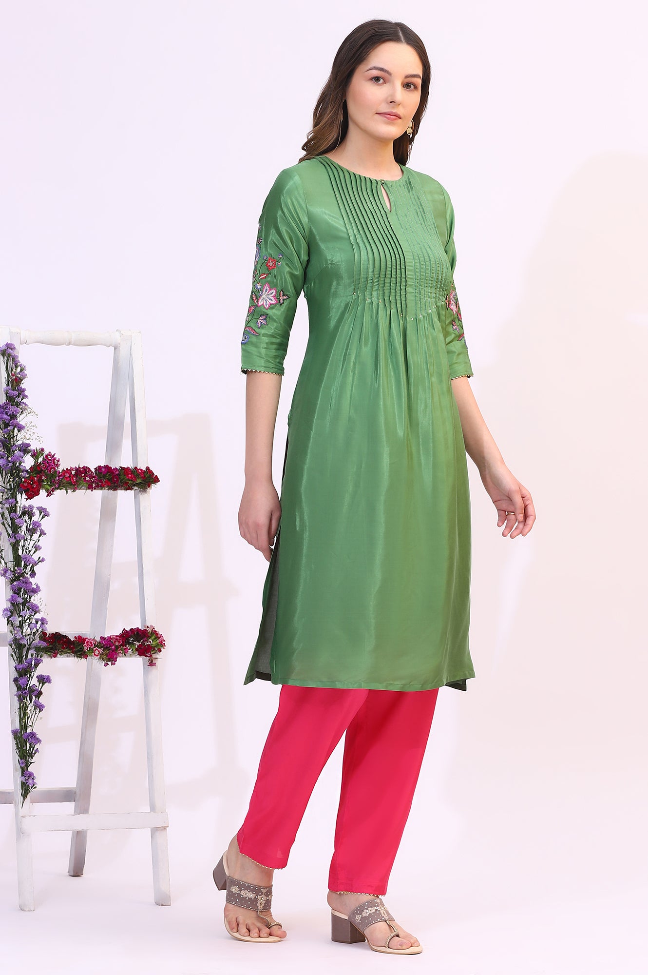 Forest Green Embroidered Shantung Kurta, Pants and Dupatta Set