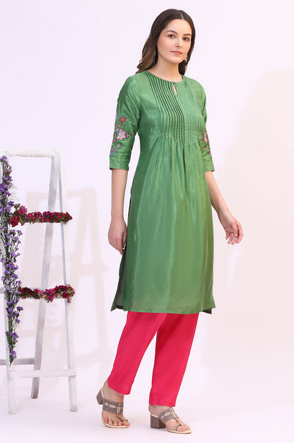 Forest Green Embroidered Shantung Kurta, Pants and Dupatta Set