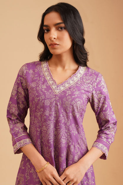 Purple Floral Printed Thread Embroidered Rayon A-line Kurta with Straight Pants Set