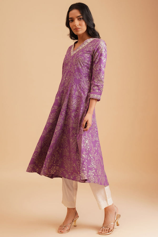 Purple Floral Printed Thread Embroidered Rayon A-line Kurta with Straight Pants Set