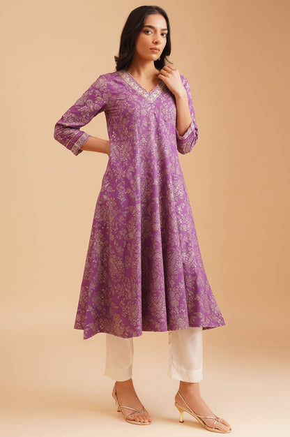 Purple Floral Printed Thread Embroidered Rayon A-line Kurta with Straight Pants Set