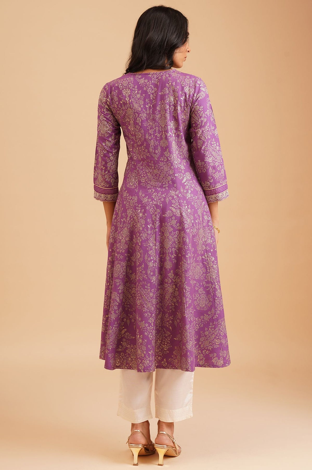 Purple Floral Printed Thread Embroidered Rayon A-line Kurta with Straight Pants Set
