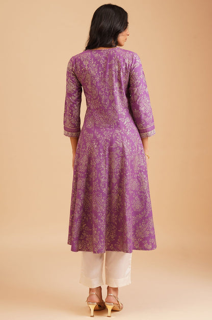 Purple Floral Printed Thread Embroidered Rayon A-line Kurta with Straight Pants Set