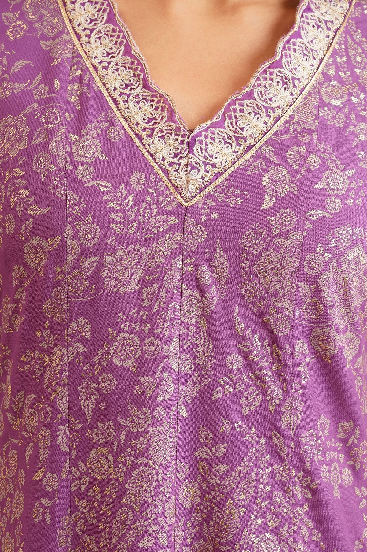 Purple Floral Printed Thread Embroidered Rayon A-line Kurta with Straight Pants Set