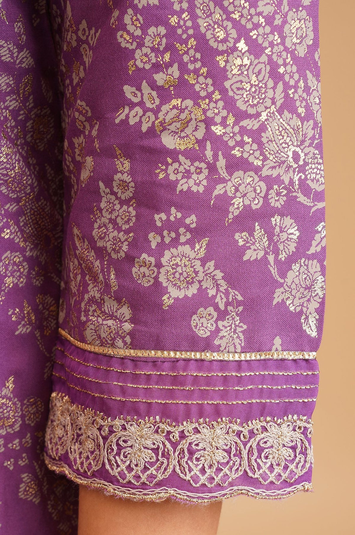 Purple Floral Printed Thread Embroidered Rayon A-line Kurta with Straight Pants Set