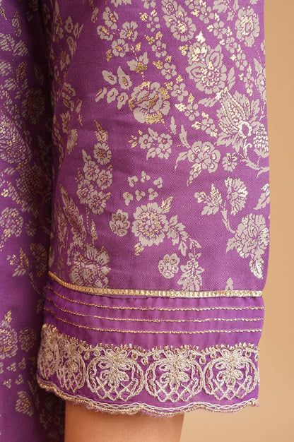 Purple Floral Printed Thread Embroidered Rayon A-line Kurta with Straight Pants Set