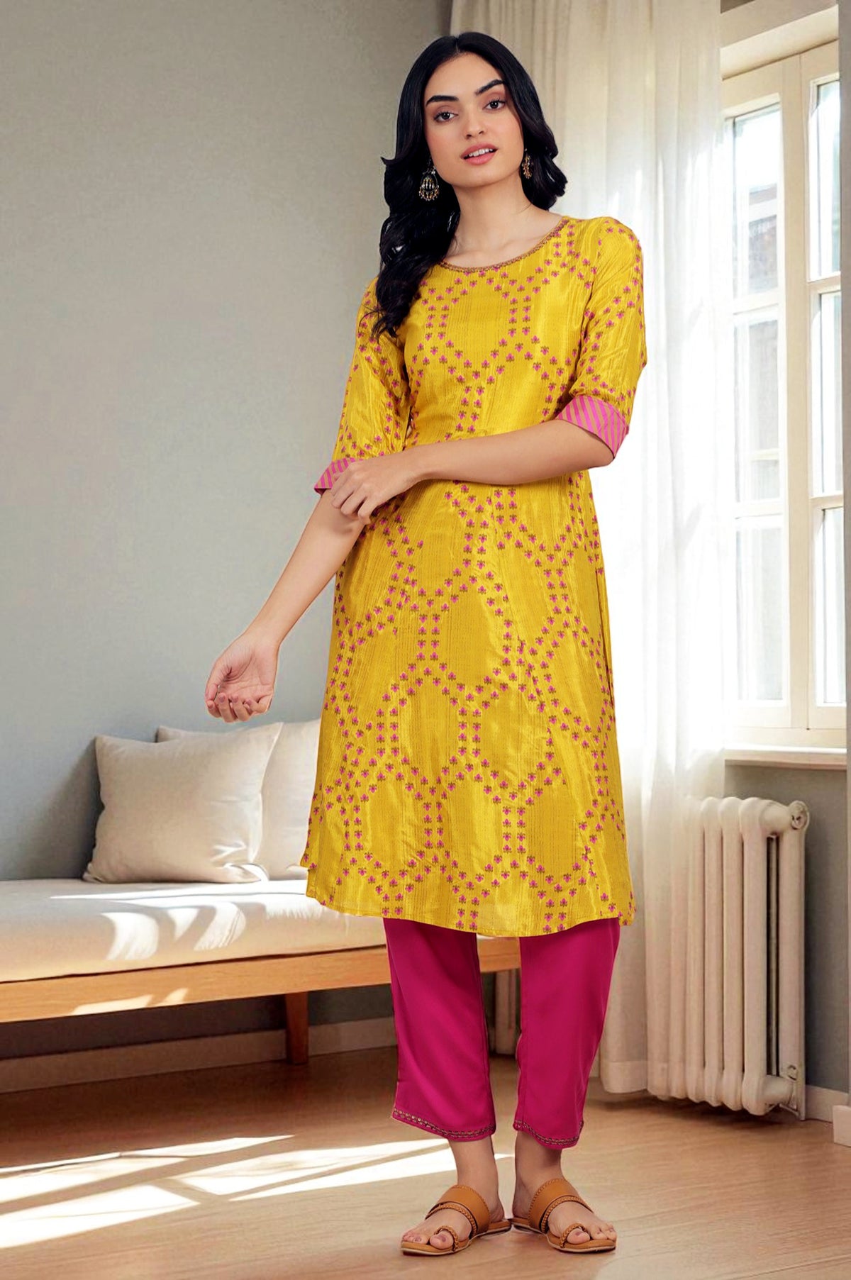 Marigold Yellow Floral Printed Straight Shantung Kurta and Pants Set - XS