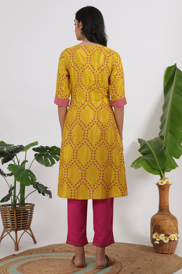 Marigold Yellow Floral Printed Straight Shantung Kurta and Pants Set