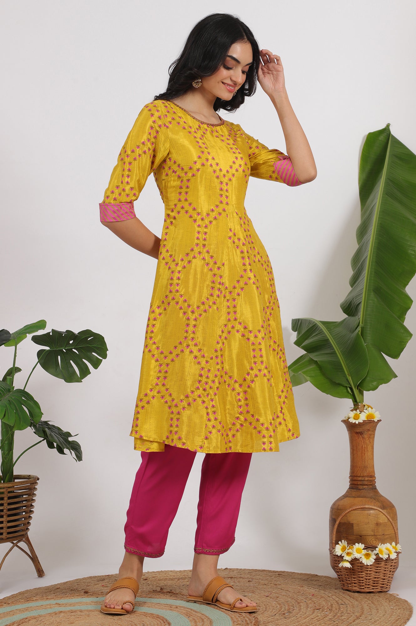 Marigold Yellow Floral Printed Straight Shantung Kurta and Pants Set