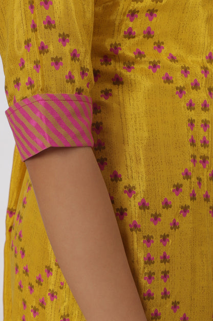 Marigold Yellow Floral Printed Straight Shantung Kurta and Pants Set