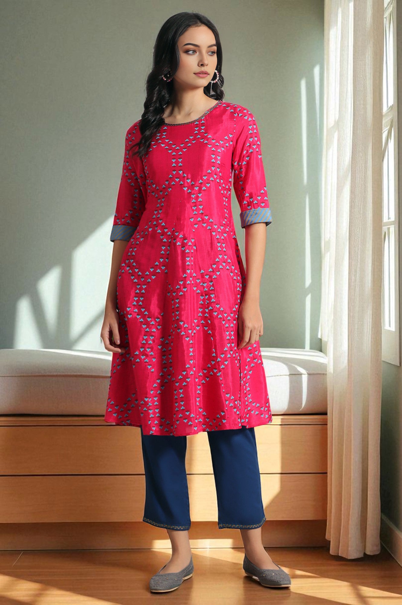 Pink Floral Printed Straight Shantung Kurta and Pants Set