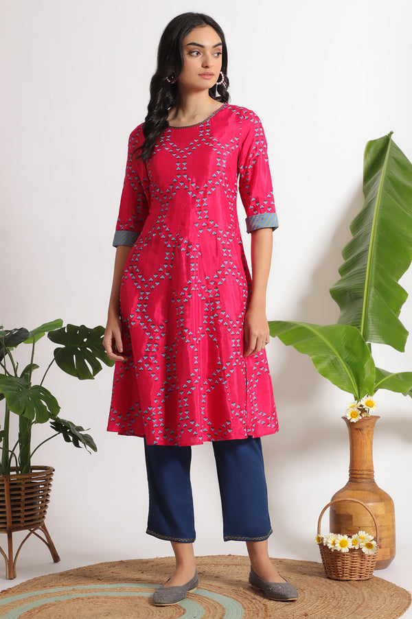 Pink Floral Printed Straight Shantung Kurta and Pants Set