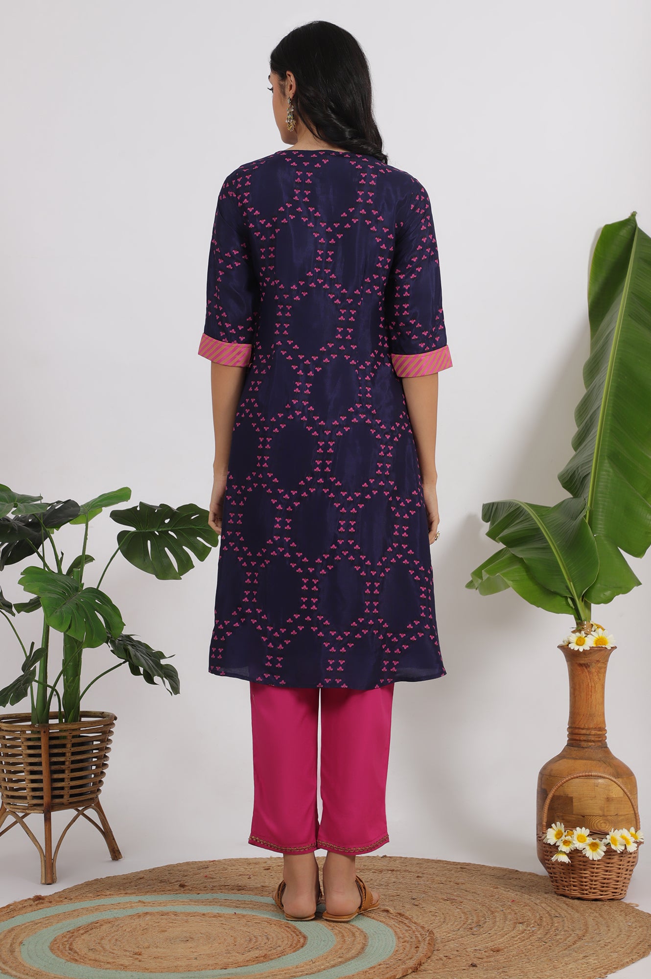 Blue Floral Printed Straight Shantung Kurta and Pants Set