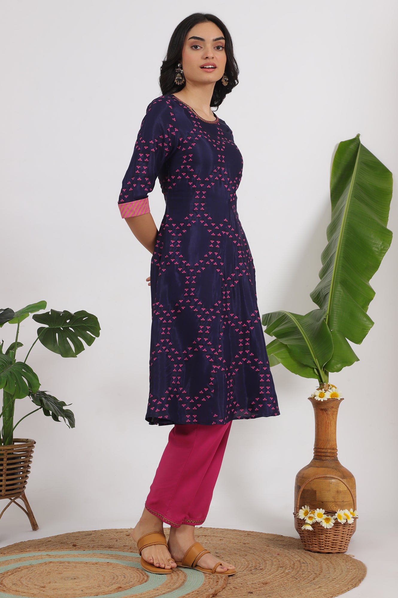 Blue Floral Printed Straight Shantung Kurta and Pants Set