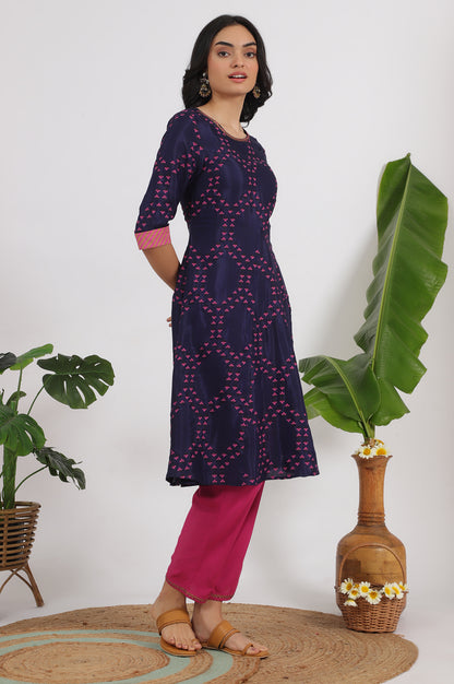 Blue Floral Printed Straight Shantung Kurta and Pants Set