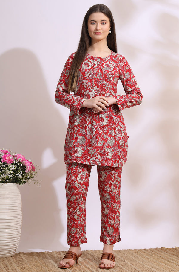 Red Floral Printed Rayon Straight Short Kurti and Pants Co-ord Set
