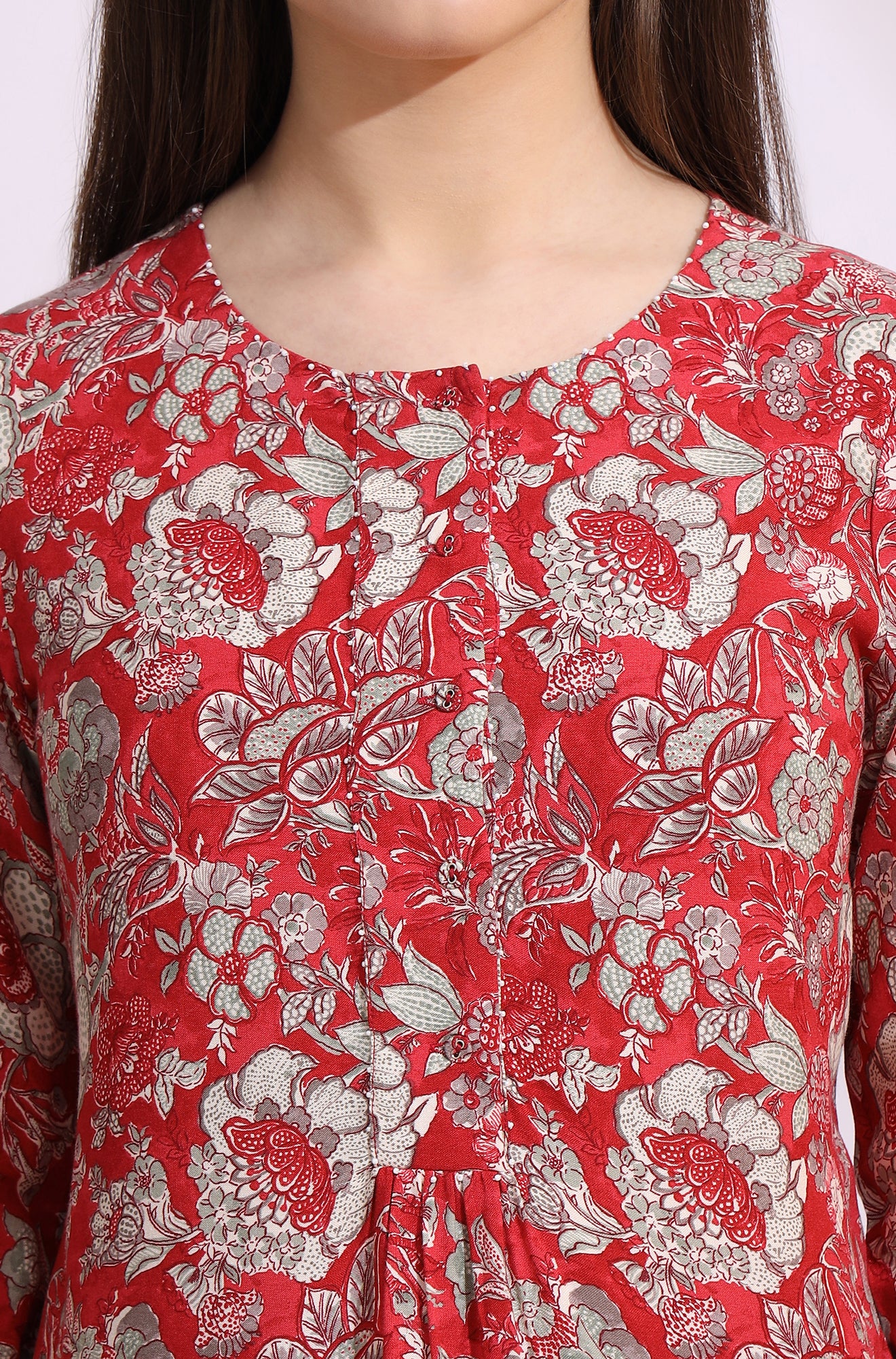 Red Floral Printed Rayon Straight Short Kurti and Pants Co-ord Set