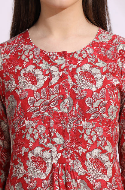 Red Floral Printed Rayon Straight Short Kurti and Pants Co-ord Set