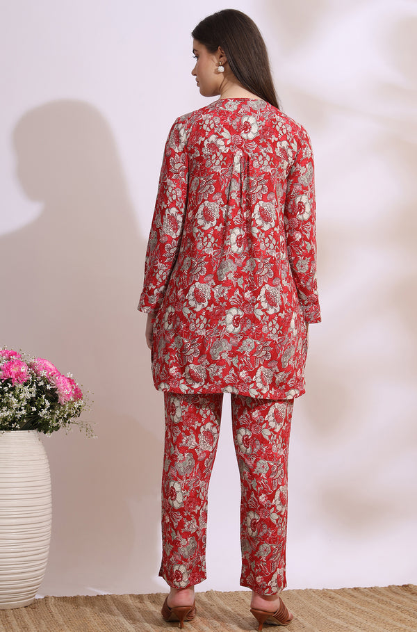 Red Floral Printed Rayon Straight Short Kurti and Pants Co-ord Set