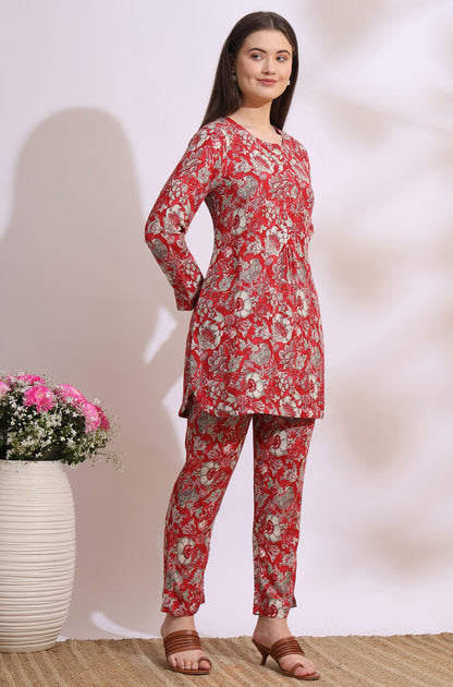 Red Floral Printed Rayon Straight Short Kurti and Pants Co-ord Set
