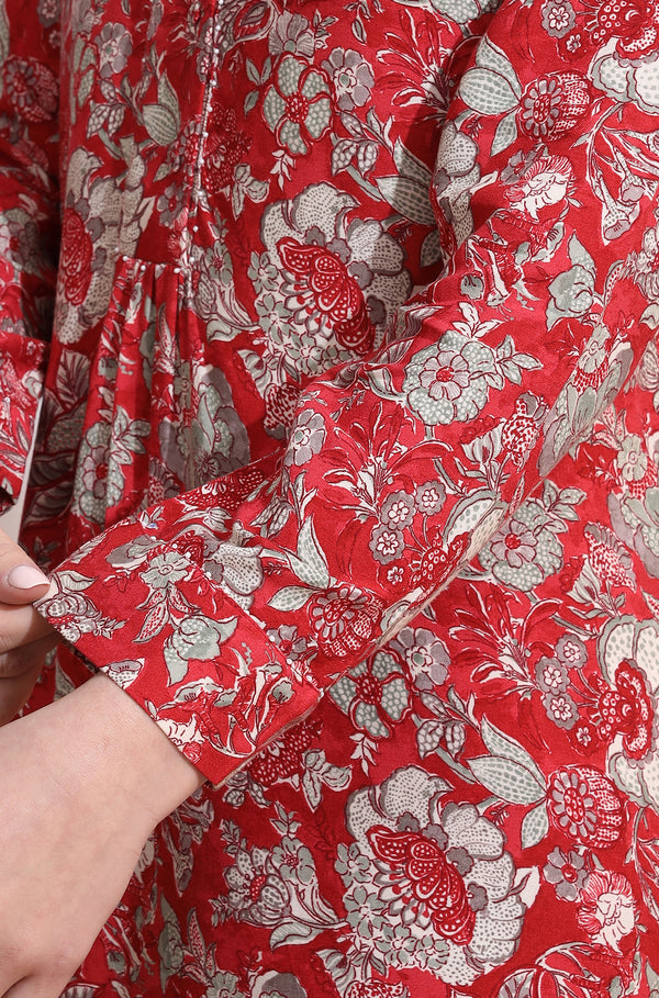Red Floral Printed Rayon Straight Short Kurti and Pants Co-ord Set