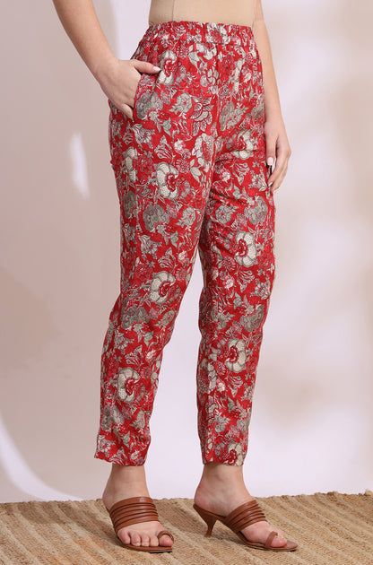 Red Floral Printed Rayon Straight Short Kurti and Pants Co-ord Set