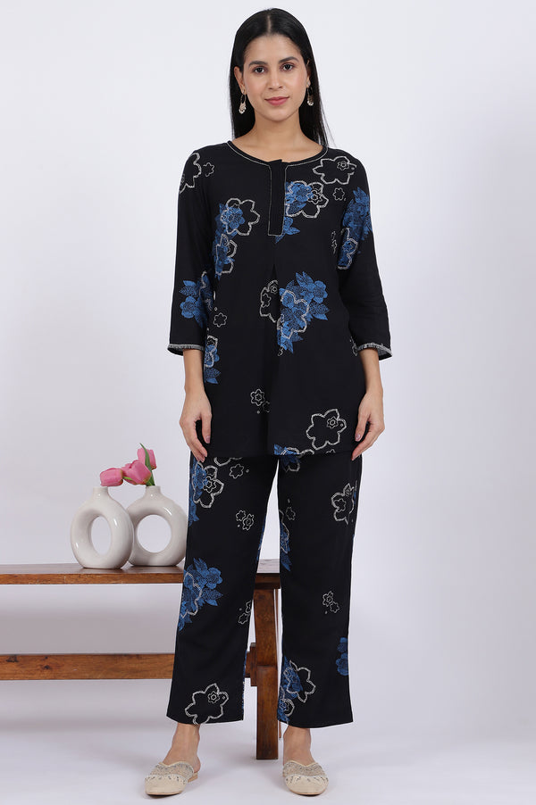 Blue Bold Floral Printed Rayon Flax Tunic and Straight Pants Co-ord Set