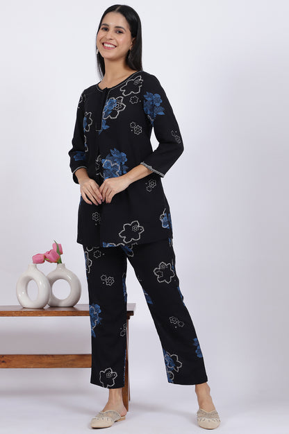 Blue Bold Floral Printed Rayon Flax Tunic and Straight Pants Co-ord Set