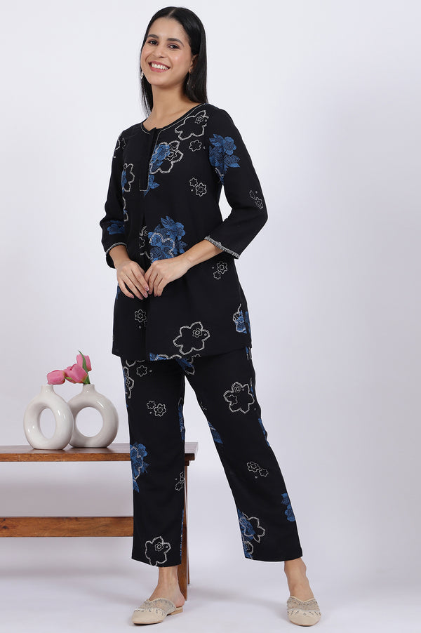 Blue Bold Floral Printed Rayon Flax Tunic and Straight Pants Co-ord Set