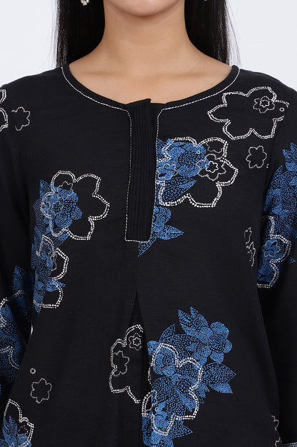 Blue Bold Floral Printed Rayon Flax Tunic and Straight Pants Co-ord Set