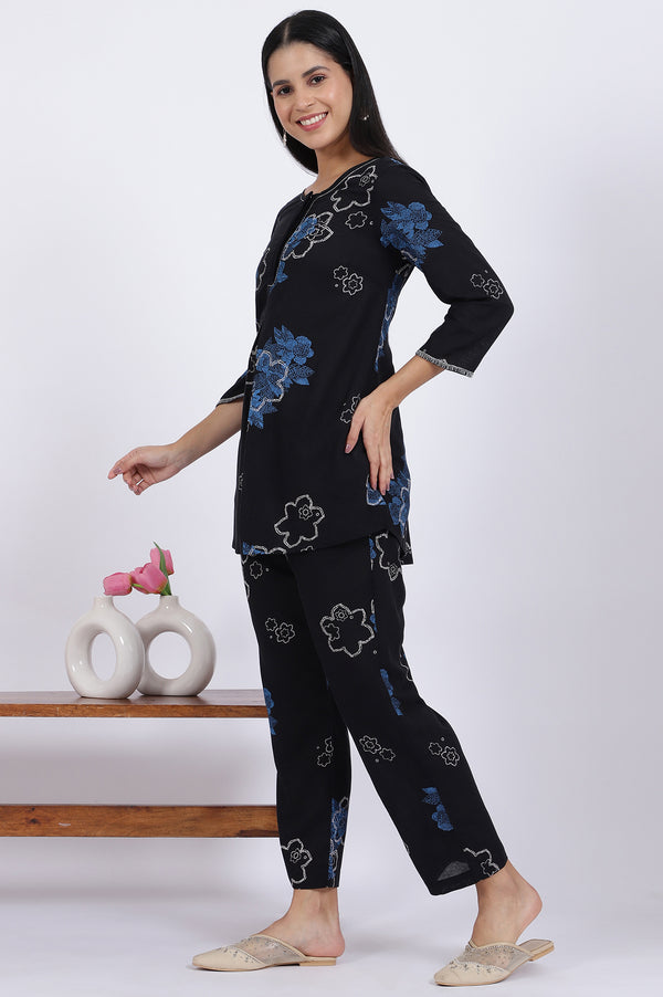 Blue Bold Floral Printed Rayon Flax Tunic and Straight Pants Co-ord Set