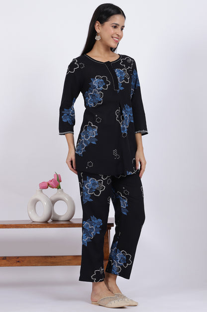 Blue Bold Floral Printed Rayon Flax Tunic and Straight Pants Co-ord Set