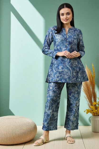 Blue Floral Printed Pure Cotton Tunic and Pants Co-ord Set
