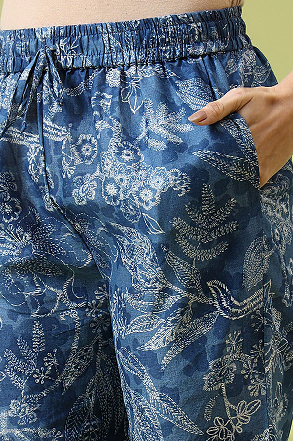 Blue Floral Printed Pure Cotton Tunic and Pants Co-ord Set