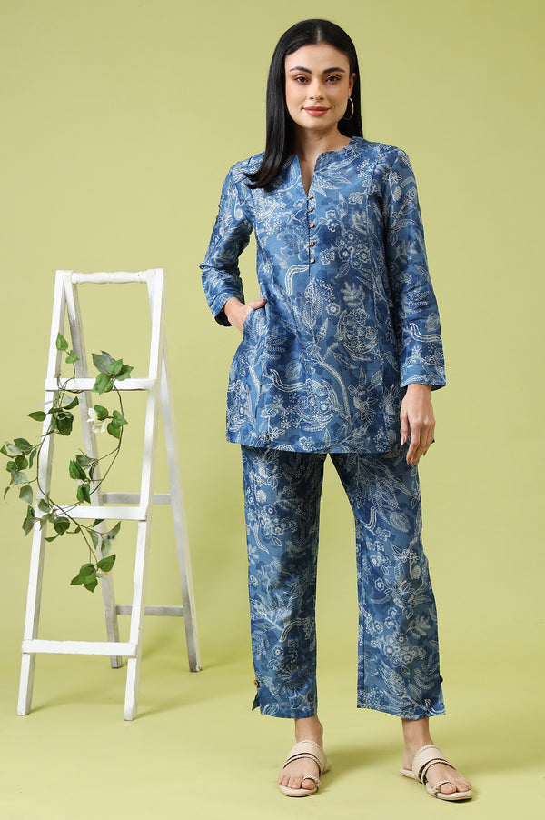 Blue Floral Printed Pure Cotton Tunic and Pants Co-ord Set