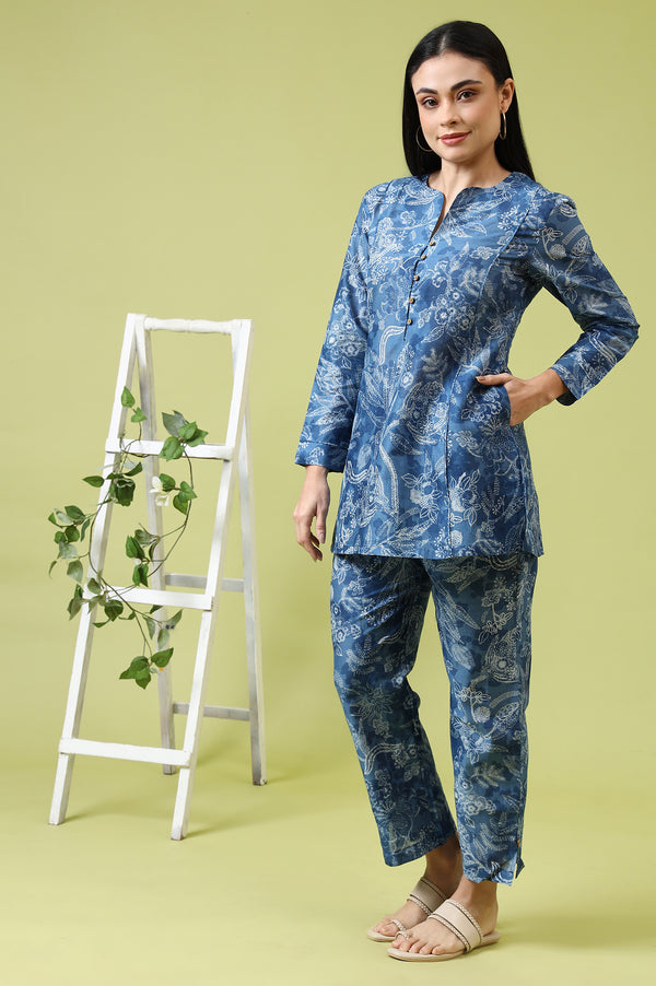 Blue Floral Printed Pure Cotton Tunic and Pants Co-ord Set
